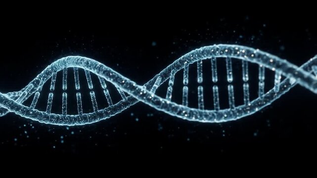 Stylized blue DNA helix on a black background, illuminated with soft glow, emphasizing curvature and molecular structure.