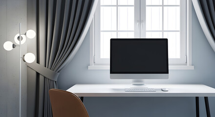 Fototapeta premium Minimalist Home Office with White Desk Computer Under Natural Light Window and Gray Curtains