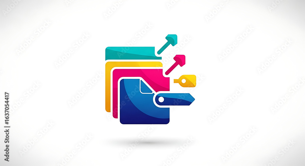 Poster colorful document stack with arrows indicating data transfer on a clean white background design elem