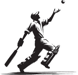 Dynamic sumi-e depiction of a cricket player catching a ball wit