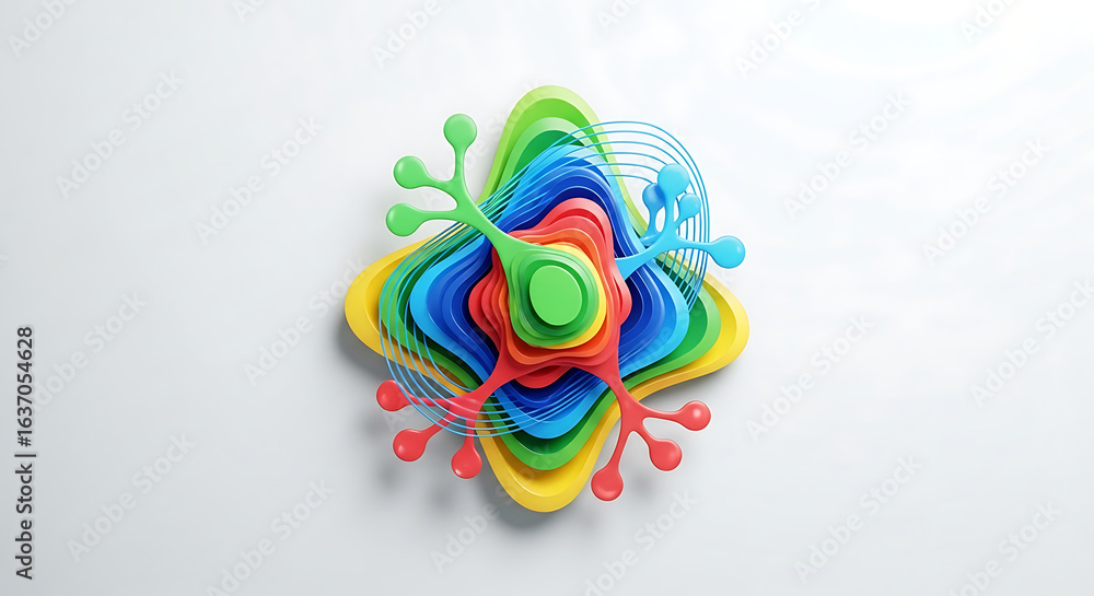 Poster colorful layered abstract shape with neuron like extensions on a white background studio shot ai gen