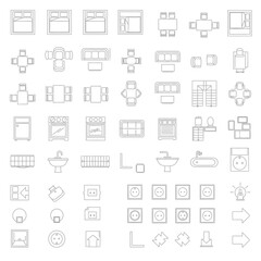 Fototapeta premium Diverse architectural line art icons depicting top-view furniture, kitchen appliances, and electrical symbols for modern floor plans.