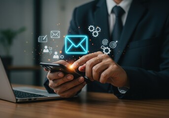 Businessman using smartphone with glowing email and social media icons