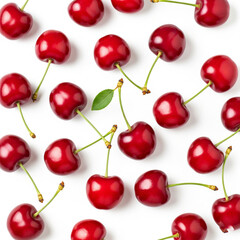 A vibrant and refreshing background image featuring a generous scattering of glossy, perfectly ripe red cherries copy