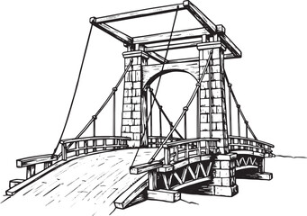 Intricate woodcut illustration of a classic drawbridge in detail