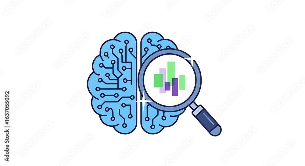 Poster a brain with circuit board design and a magnifying glass examining a bar graph on a white background