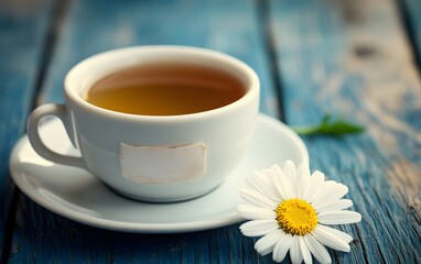 Calming Chamomile Tea Cup on Rustic Blue Wood