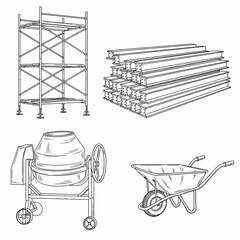 Detailed line art illustration showcasing construction equipment, including scaffolding, I-beams, a cement mixer, and a wheelbarrow, ideal for architectural or engineering projects.