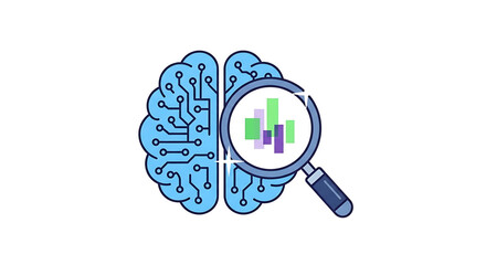 A brain with circuit board design and a magnifying glass examining a bar graph on a white background ai generated