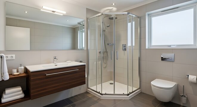 Small bathroom with corner shower and glass door