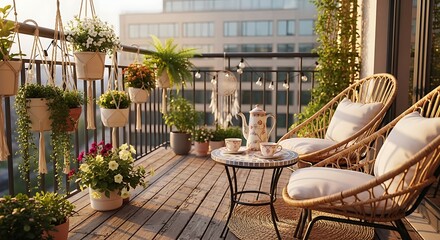 Rustic Balcony with Wooden Flooring and Hanging Plants