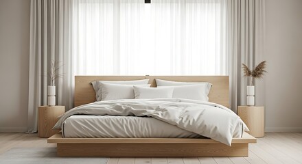 Minimal bedroom with low-profile platform bed and sheer curtains