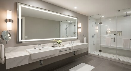 Boutique hotel-style bathroom with double vanity