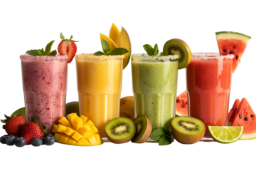 Vibrant fruit smoothies with fresh mango, kiwi, watermelon for healthy lifestyle promotion