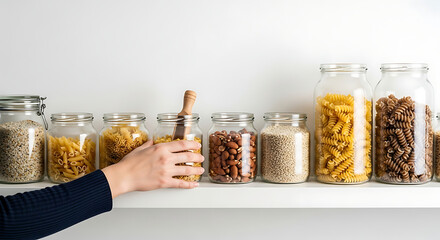 A person's hand taking a glass jar with a wooden lid from a well-organized white pantry shelf filled with various dry foods.