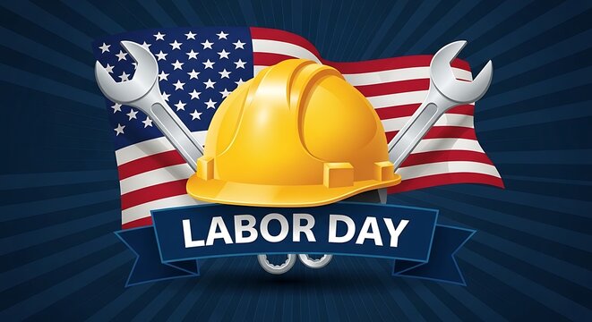 Labor day with hard hat and wrench over american flag background