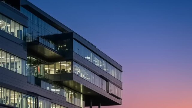 Modern office building sunset.