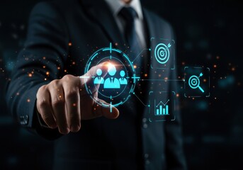 Businessman interacting with futuristic digital human resources interface