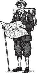 Vintage-style drawing of a suited tourist holding a map with bac