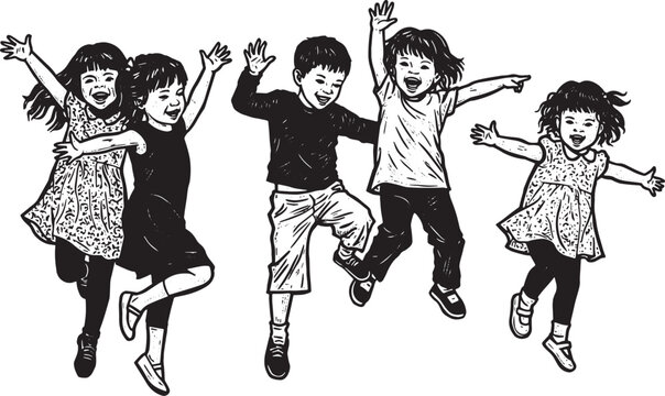Joyful children dancing in woodcut style, black and white illust