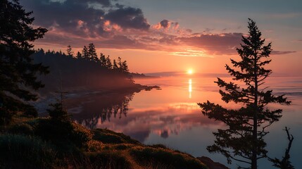 Obraz premium Radiant morning sun casts glowing reflections across calm sea and serene woodland edge