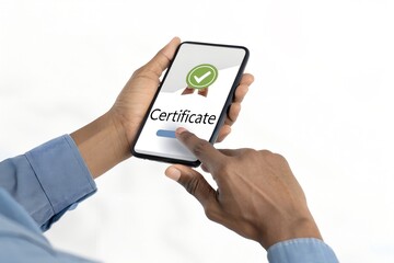 Person holding smartphone displaying digital certificate achievement