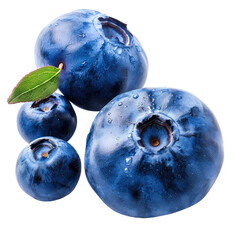 Obraz premium Close-up of fresh blueberries clustered together, some with water droplets. A small leaf is visible