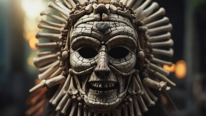 Obraz premium Ancient Ritual Mask with Cracked Mosaic Face and Sunburst Bone Headdress