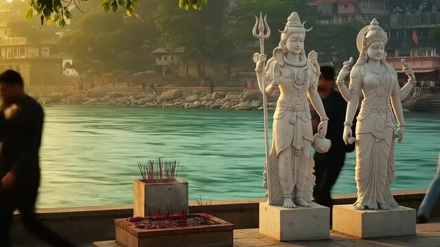 Sunrise with River Ganges, Shiva statues, and India.