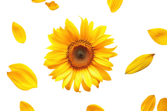 Vibrant yellow sunflower with scattered petals on black