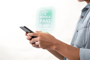 Person using smartphone to pay for services with a ticket paid sign in background