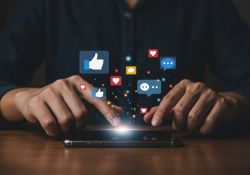 Hands interacting with social media icons on a smartphone screen