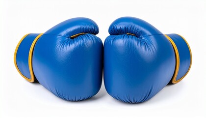 "Pair of blue boxing gloves with yellow wrist accents, knuckles touching in a symmetrical pose against a neutral background."