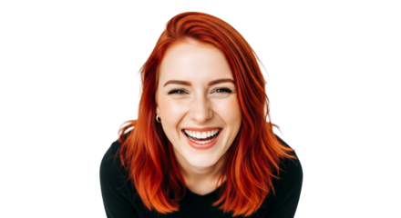 Rothaarige Frau – Vorbeugen beim Lachen, transparenter Hintergrund, PNG