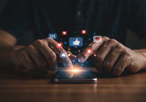 Hands interacting with social media icons on a smartphone screen - Powered by Adobe