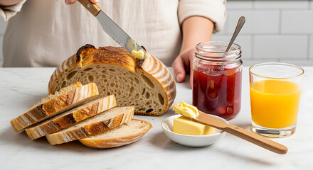 Preparing a delicious homemade breakfast, spreading creamy butter on crusty sourdough bread next to fruit jam and a glass of juice.