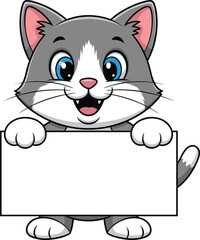 Cartoon gray cat holding blank sign, blue eyes, pink nose, smiling pose, vector illustration, cute animal character, white background