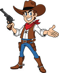 Cartoon cowboy character, brown hat, red bandana, white shirt, blue jeans, revolver, confident pose, western outfit, vector illustration