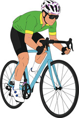 Fototapeta premium Cyclist on road bike, green jersey, yellow accents, white helmet, blue bicycle, athletic posture, vector illustration, sports theme