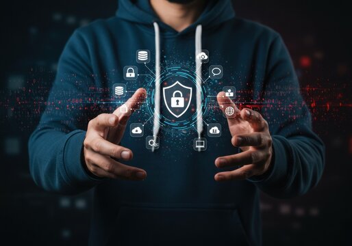 Hacker protecting digital security with shield and icons