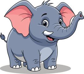 Cartoon elephant character, gray body, pink ears, raised trunk, smiling pose, cute animal illustration, vector art, friendly wildlife drawing
