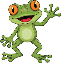 Cartoon frog character, green skin, orange eyes, light belly, open mouth smile, cheerful pose, vector illustration, amphibian, cute animal