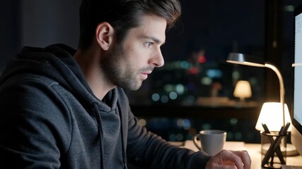 Young Caucasian Male Working Late at Night in Home Office with Laptop