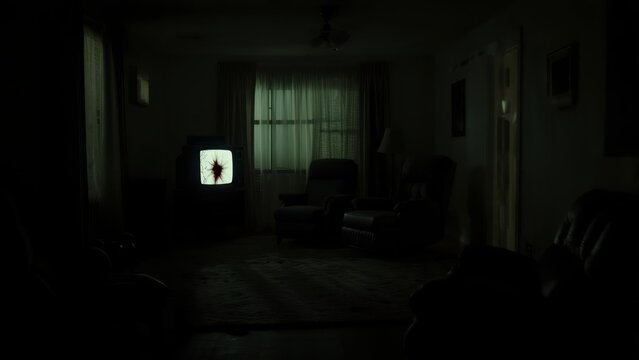 A Sinister Portal Broadcasts on a Vintage TV in a Dark, Eerie Living Room. - Powered by Adobe