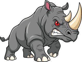 Aggressive cartoon rhinoceros character, gray muscular body, red eyes, fierce pose, wild animal illustration, vector art, strong horned beast