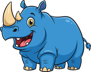 Cartoon blue rhinoceros, beige horn, cheerful expression, open mouth, wide eyes, vector illustration, cute animal character, playful wildlife theme