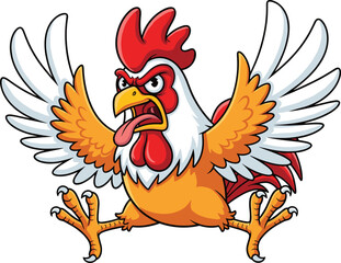Angry cartoon rooster character, red comb, white and orange feathers, aggressive pose, farm animal illustration, vector art, dynamic bird drawing