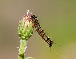 Fototapeta premium A black and orange spiky caterpillar is crawling on a green plant bud in a detailed macro shot.