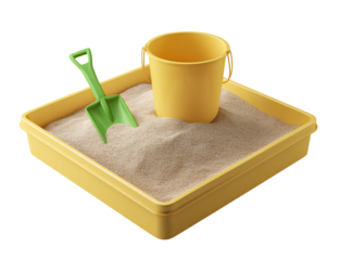  Sandbox with yellow bucket and green shovel isolated on transparent background