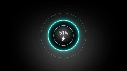Neon loading animation counting from 0 to 61%, featuring a glowing green circle, and a charging connector on black background. Charging screen 61% percent, screen call phone display charging battery. - Powered by Adobe